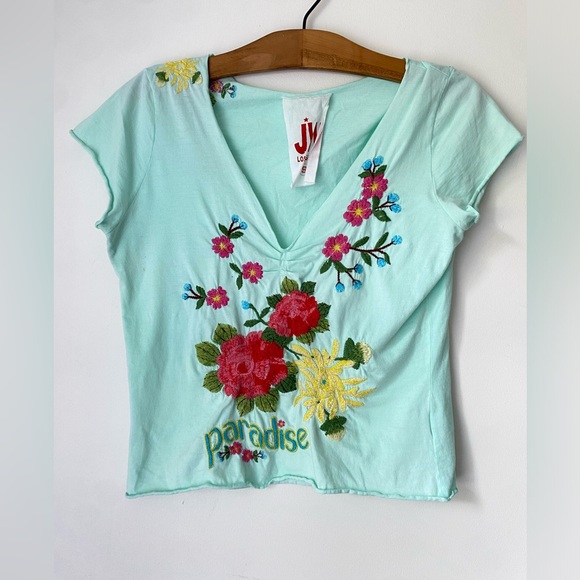 Johnny Was Top Women's Small Light Blue Floral Embroidered Top Floral Paradise - Picture 1 of 7